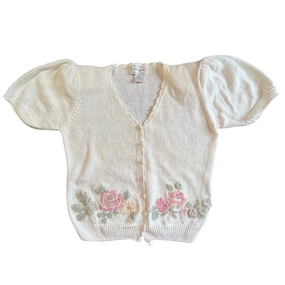 Vintage 80s Cottagecore Sweater M Granny Embroidery Fairy Balletcore Floral Twee - Picture 13 of 15